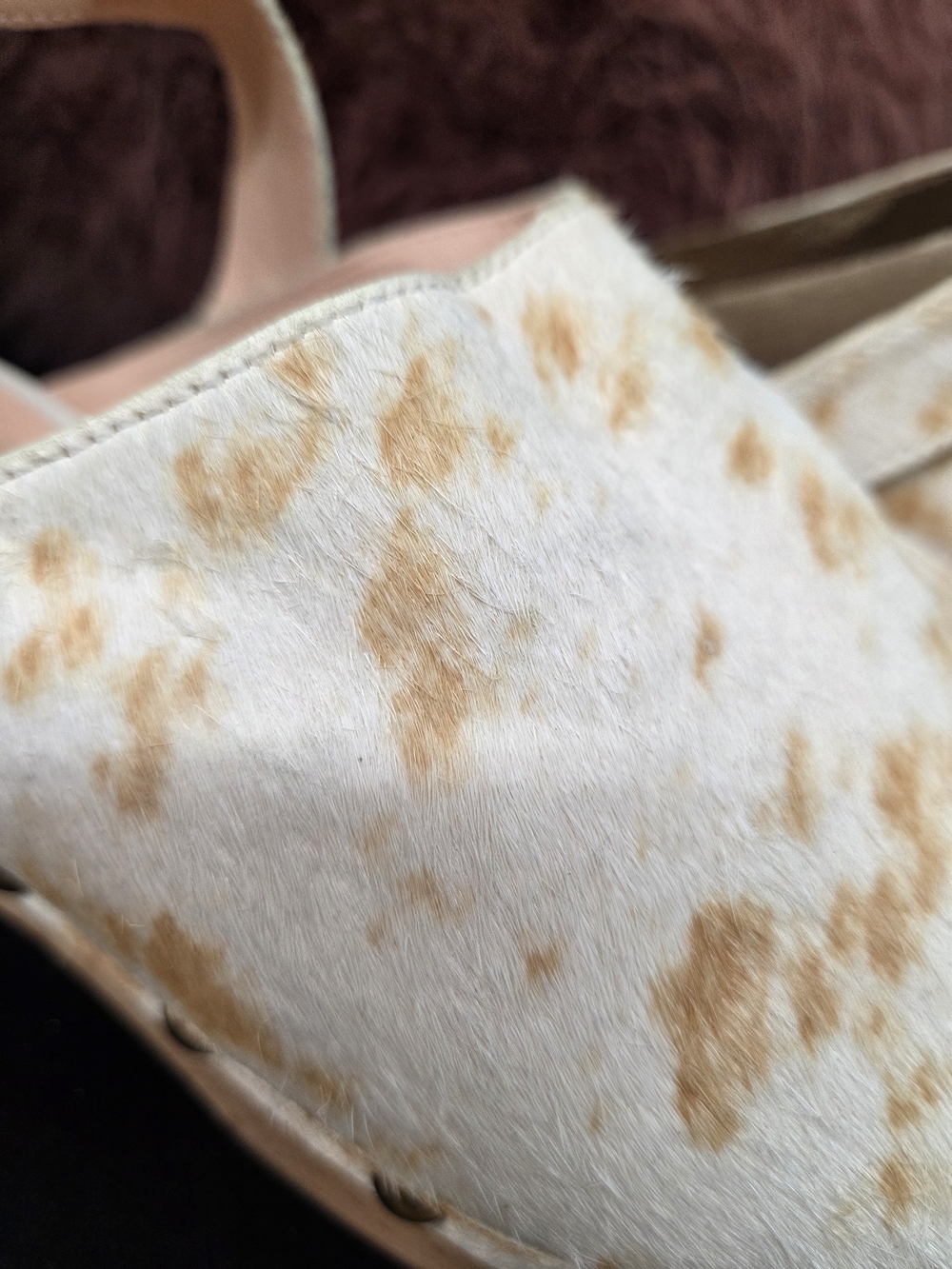 J. Crew Cream and Tan Cowhide Studded Wooden Clogs. - Picture 2 of 12